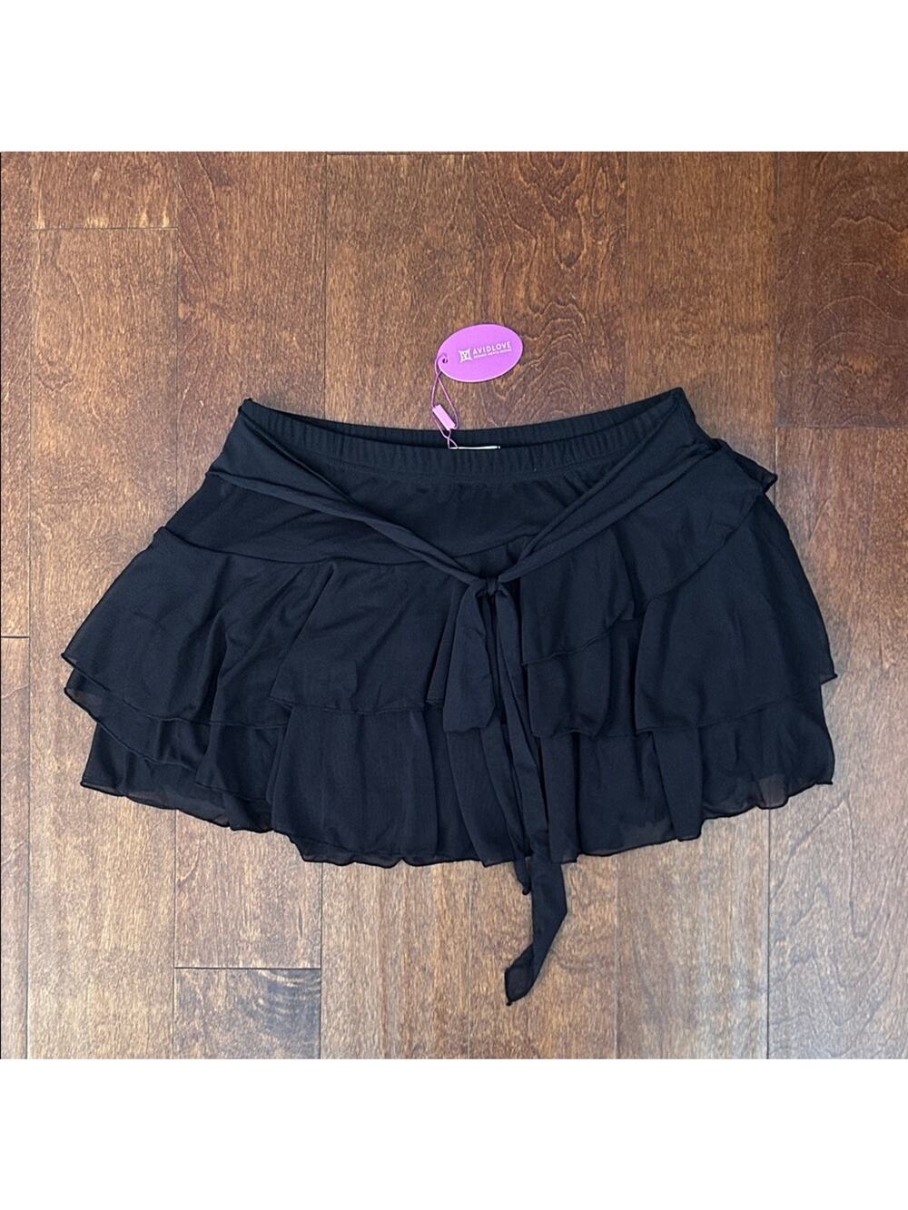Avidlove Black Tiered Ruffle Micro Mini Skirt with Waist Tie, Size XL, NWT